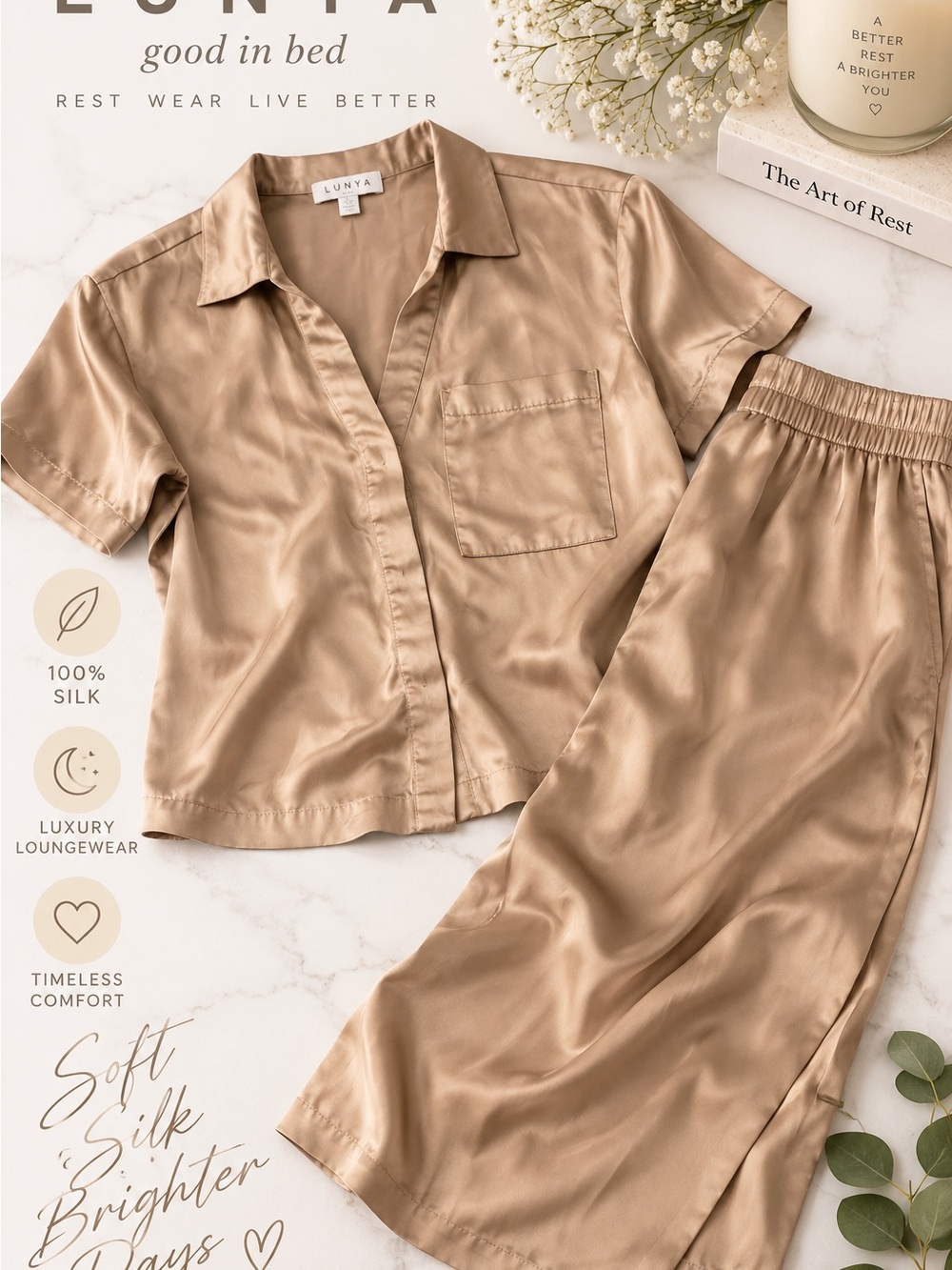 Lunya 100% Silk Good In Bed 2pc Pajama Set XS Champagne Tan